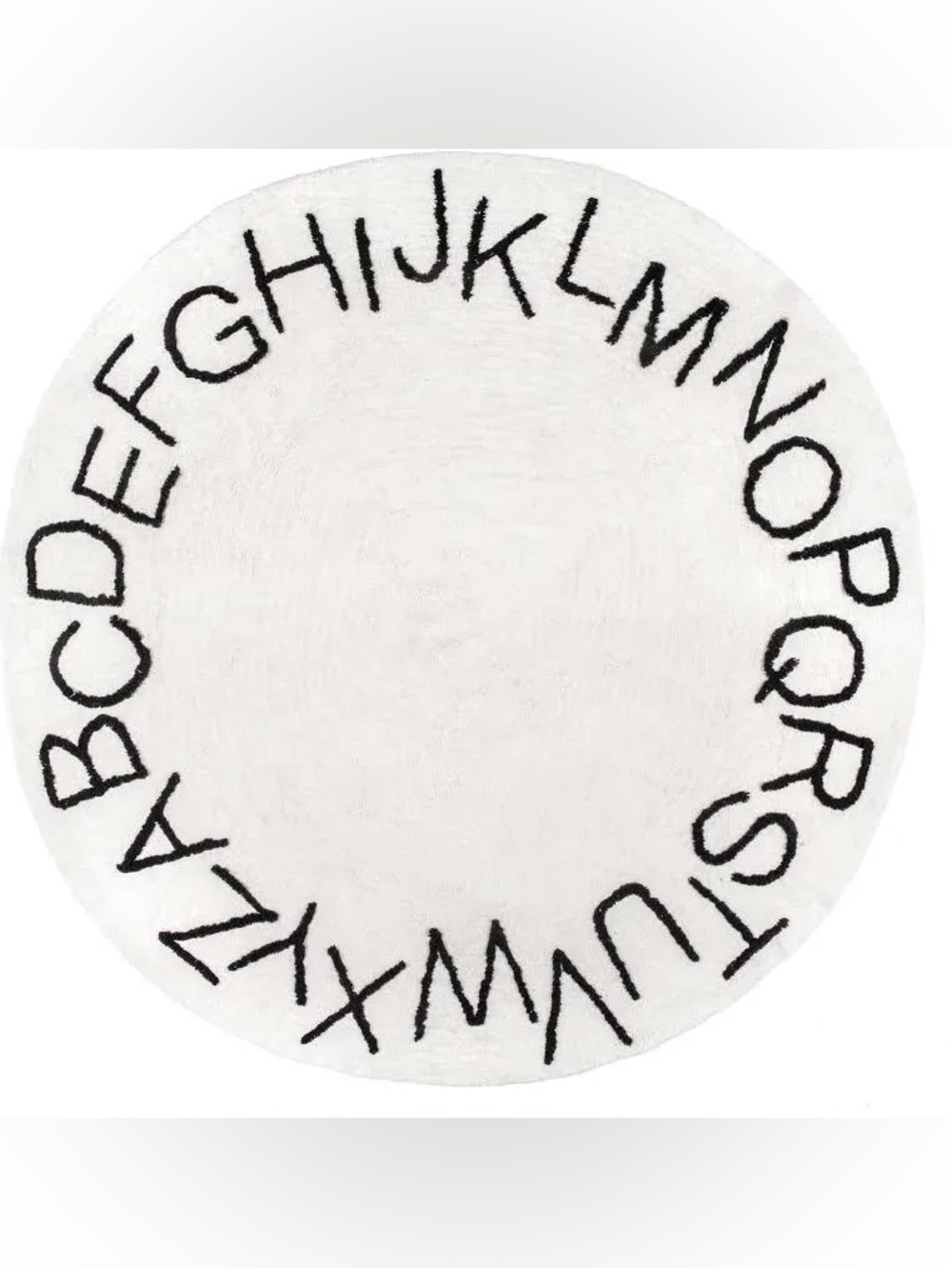 4’ Washable Round Alphabet Rug - Ivory with Black Letters